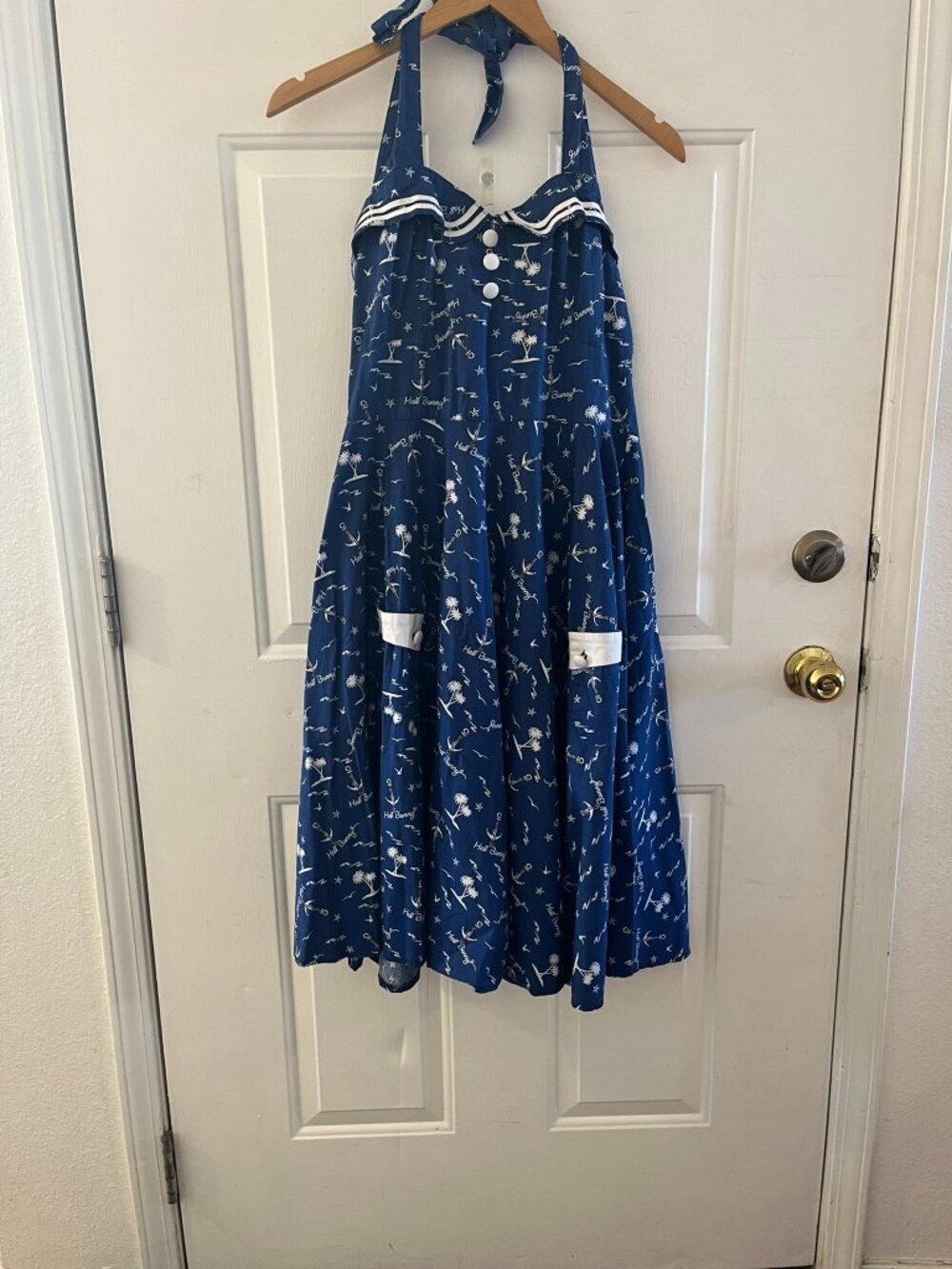 Hell Bunny Vixen Nautical Retro Summer Beach Halter Sailing 50's Dress Sz Med - Picture 2 of 10